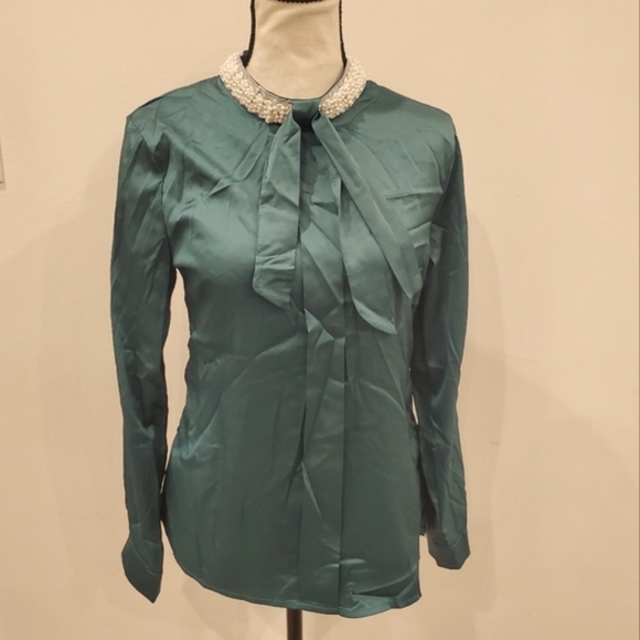 Lady Sue teal green blouse with pearl collar sz M - Picture 1 of 7